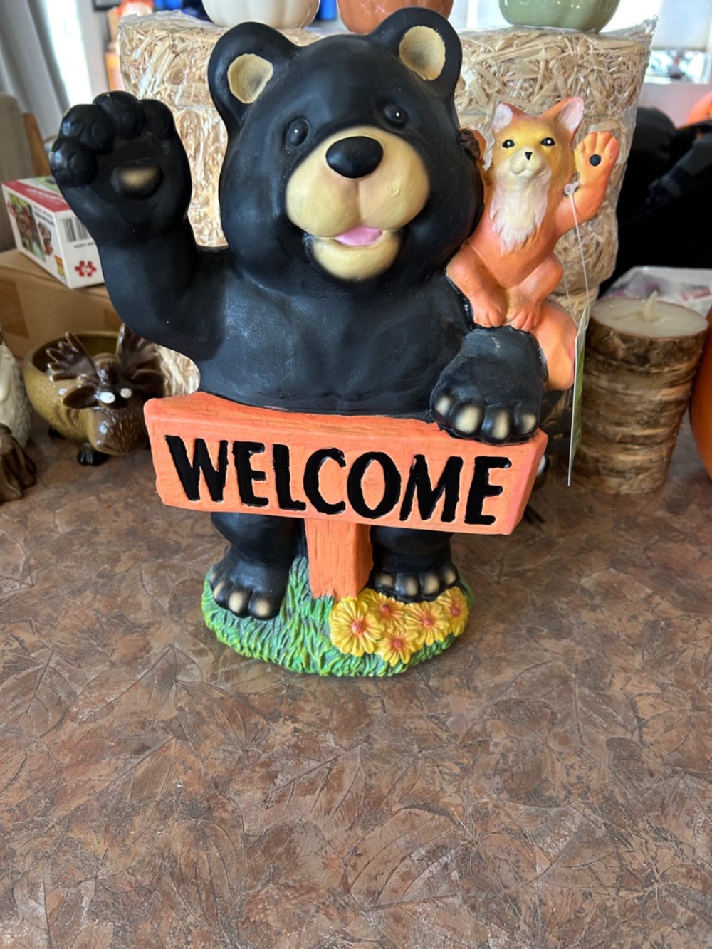 WELCOME BEAR AND FOX RESIN STATUARY